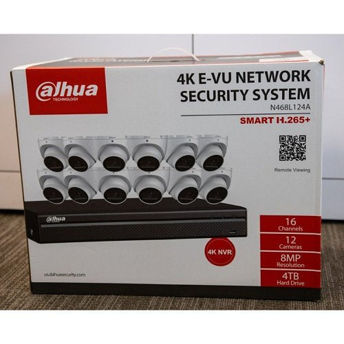 Dahua N468L124A Lite-Series 4K IP E-VU Security System, (1) N42C3P4 16-Channel NVR, 4TB, Black (12) N81CJ02 8MP Fixed Turret IP Cameras, White, Replaces N568D124S