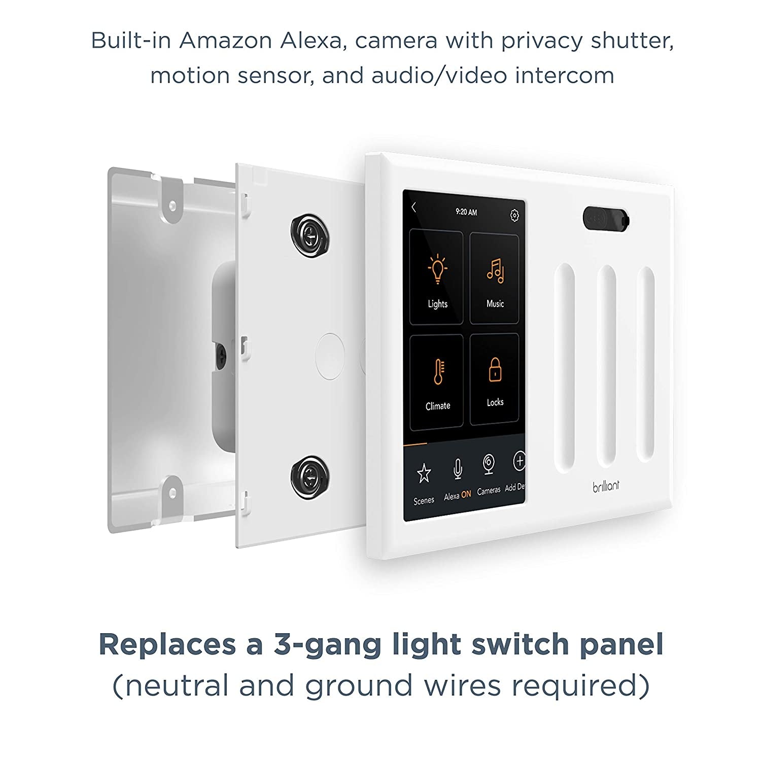 Smart Home Control (3-Switch Panel) — Alexa Built-In & Compatible with Ring, Sonos, Hue, Google Nest, Wemo, Smartthings, Apple Homekit — In-Wall Touchscreen Control for Lights, Music, & More